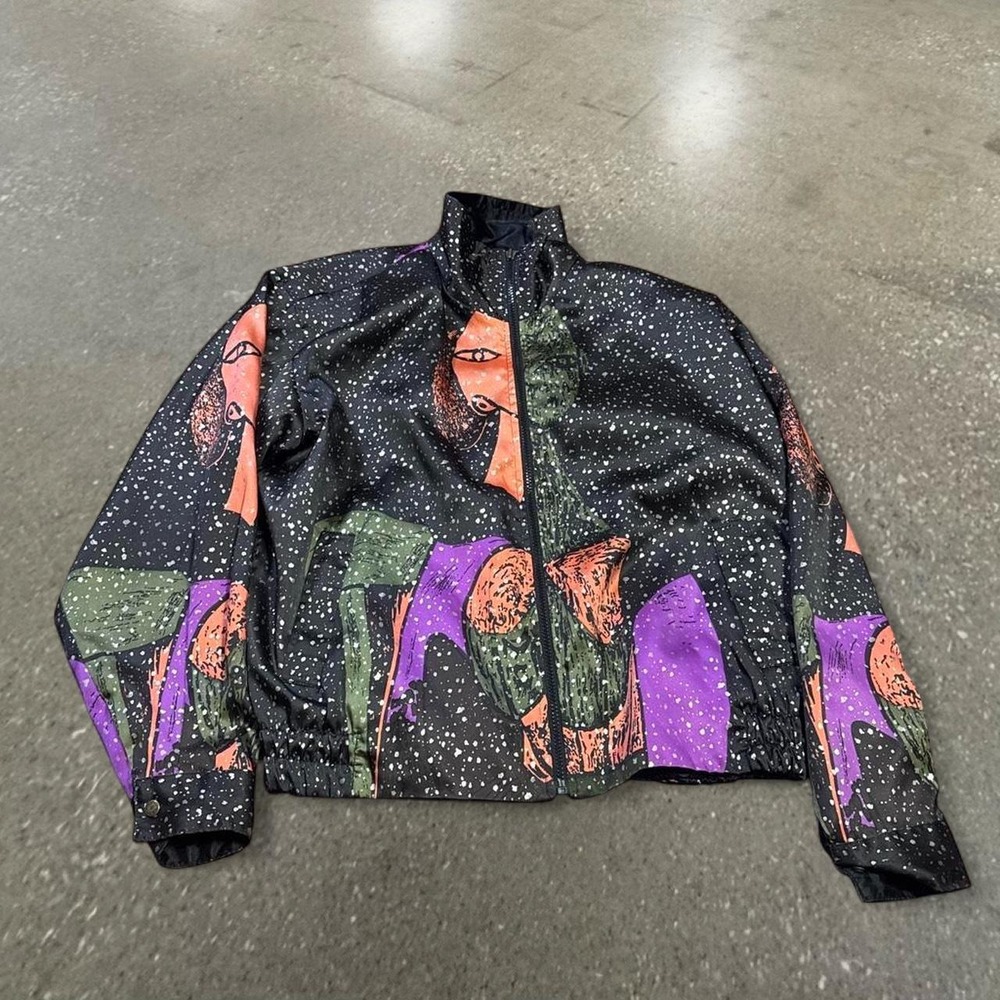 Vintage Picasso Abstract Face Print Full Zip Jacket Black Multi Womens Large
